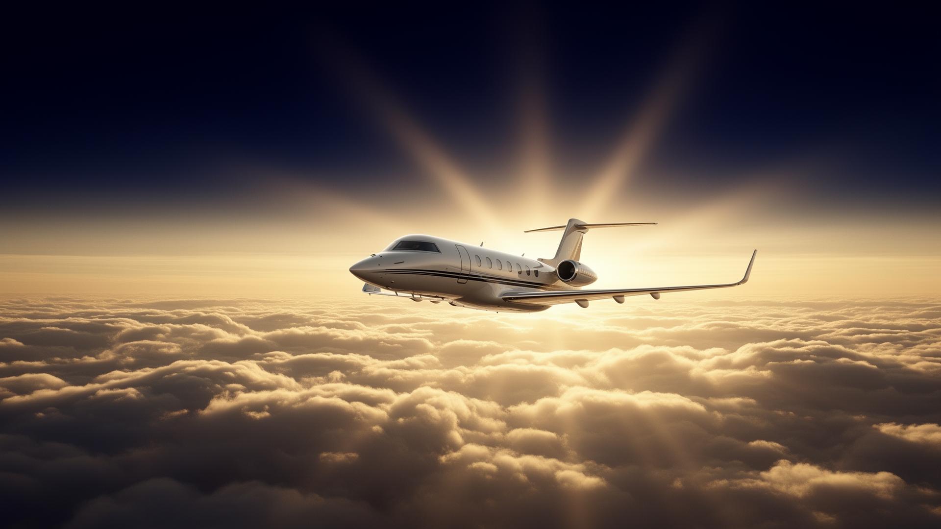 Private jet soaring above golden clouds at sunrise