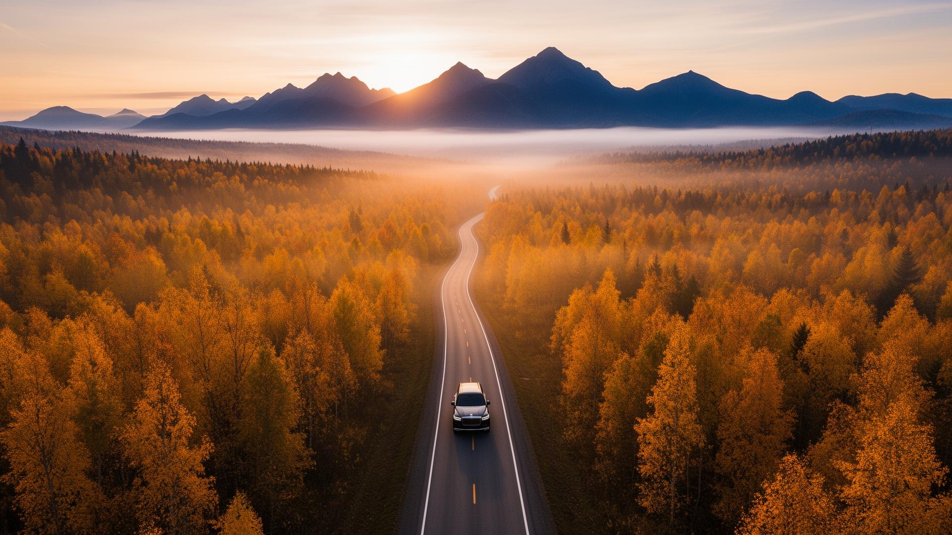 Aerial journey through golden forest at sunrise